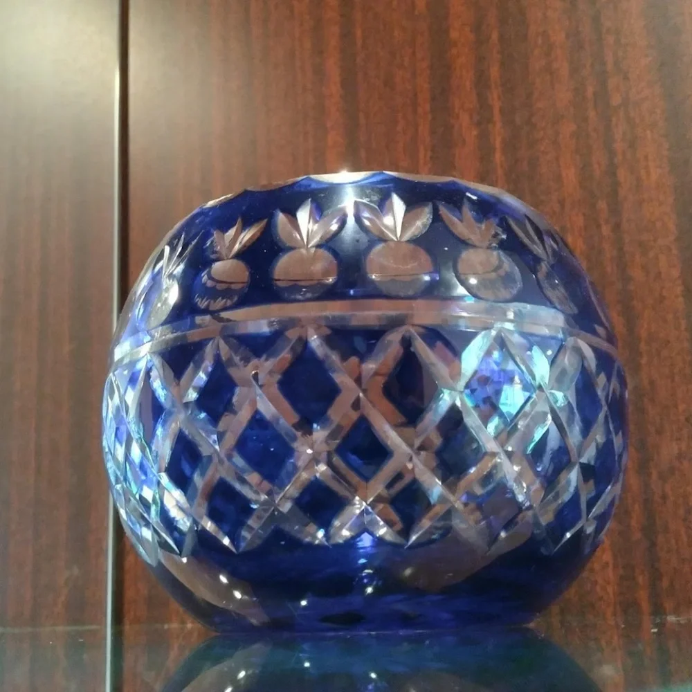 Crystal with Cobalt Blue Overlay and Clear Cut Decor Candle Holder Votive